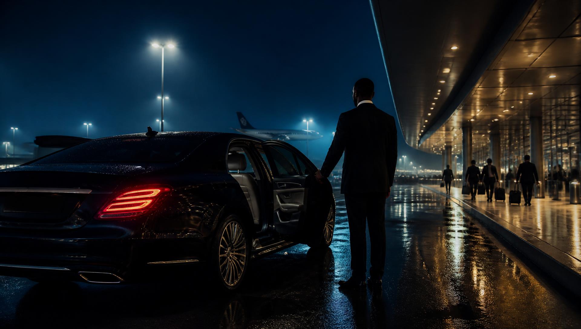 Chauffeur holding open the door of a luxury sedan at an airport terminal at night